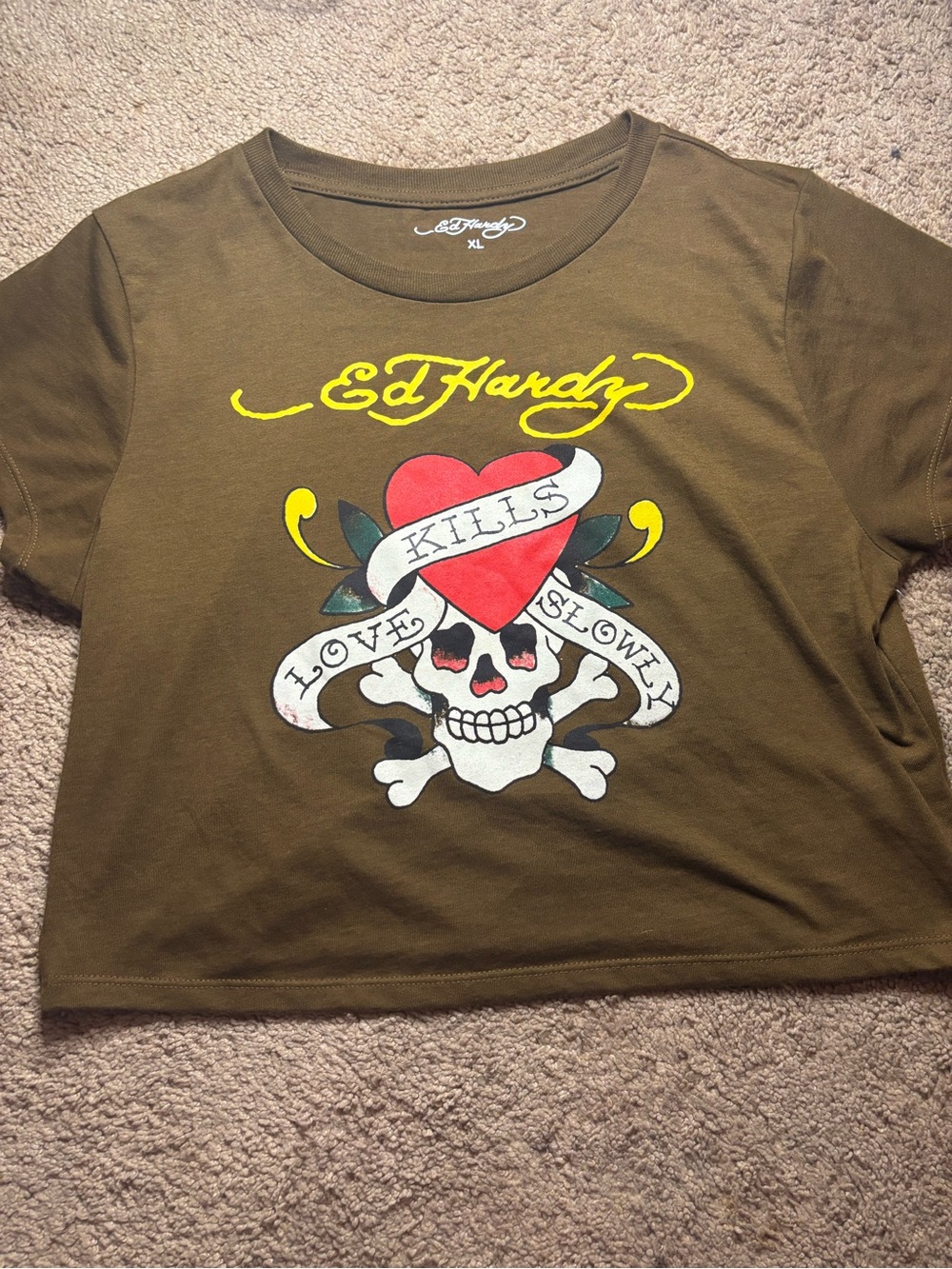 Ed Hardy Brown Crop Top with Yellow Lettering